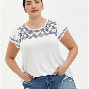 TORRID SIZE 4/4X SUPER SOFT CREWNECK EMBROIDERED FLUTTER SLEEVE TOP